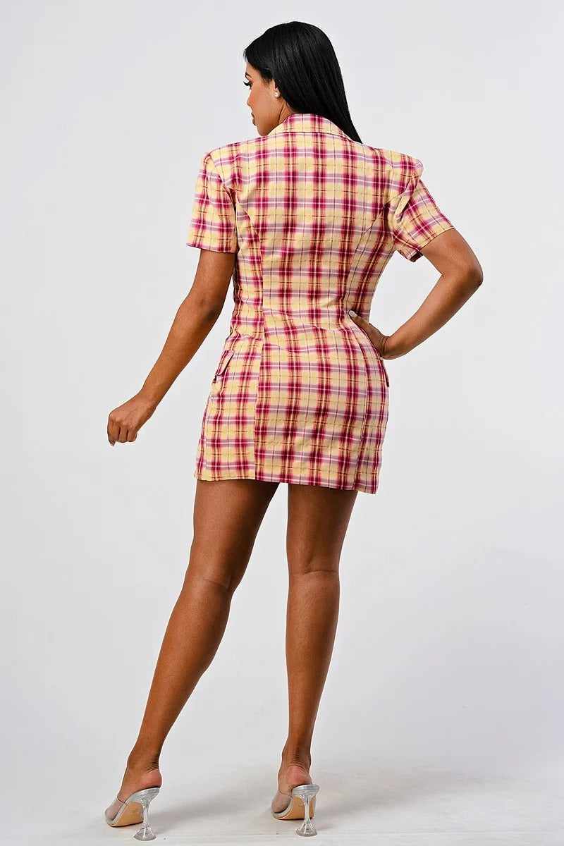 Wide Collared Plaid Blazer Mini Dress-Pink