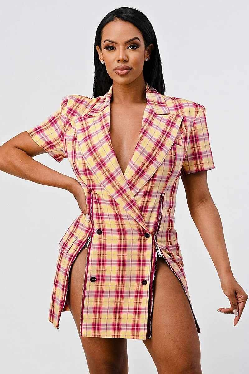 Wide Collared Plaid Blazer Mini Dress-Pink