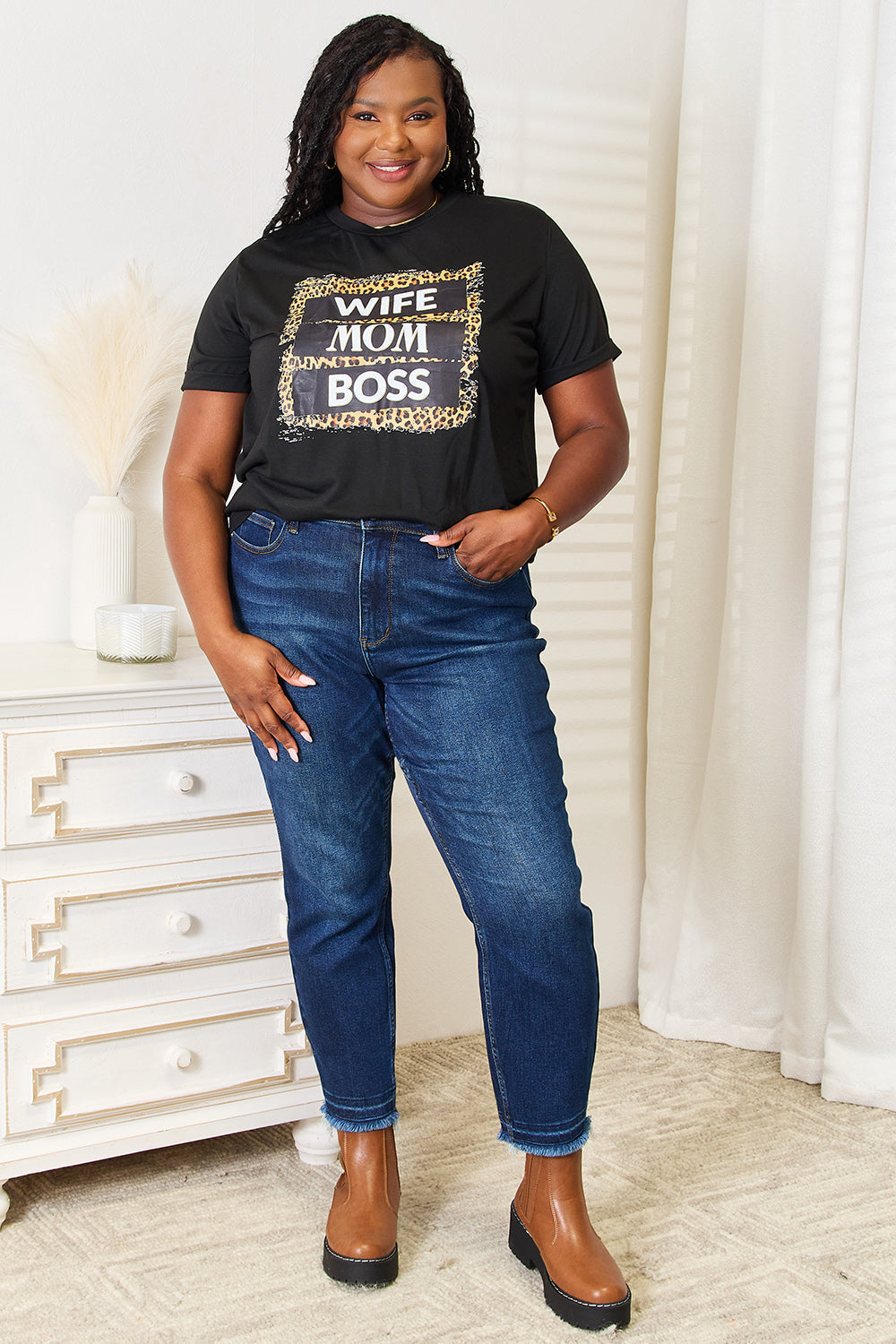 WIFE MOM BOSS Leopard Graphic T-Shirt