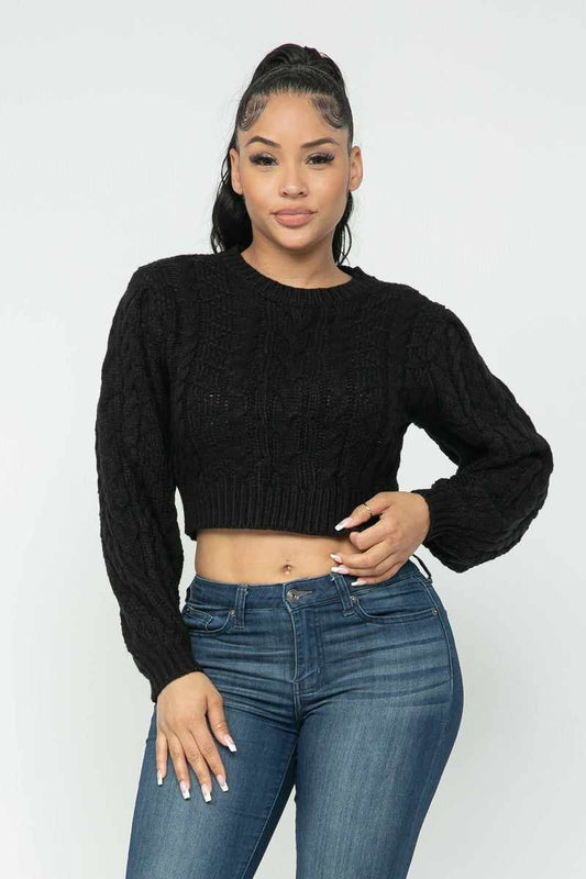 Women's Black Cable Knit Pullover Sweater-Black