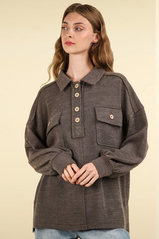 Women's charcoal collared half button knit top with pockets, oversized fit, long sleeves, casual and stylish wardrobe essential