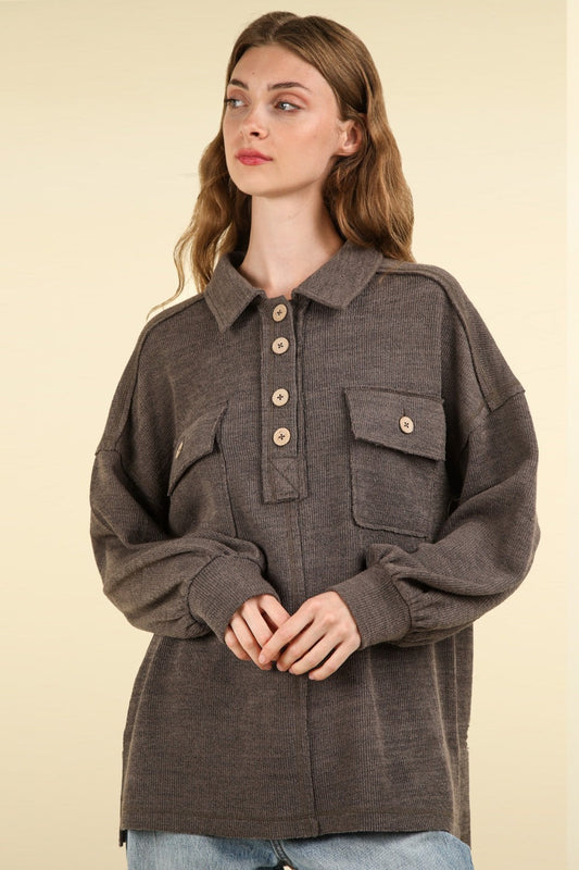 Women's charcoal collared half button knit top with pockets, oversized fit, long sleeves, casual and stylish wardrobe essential