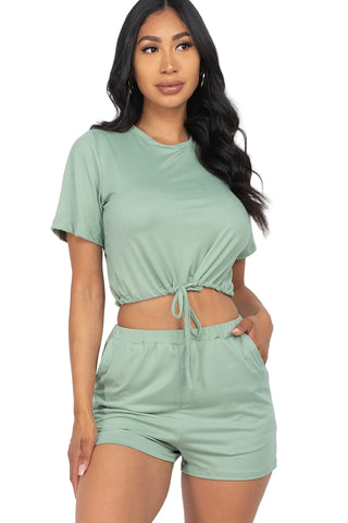 Green front tied crop top and shorts set for women in soft, stretchy Jersey fabric, ideal for casual summer wear.