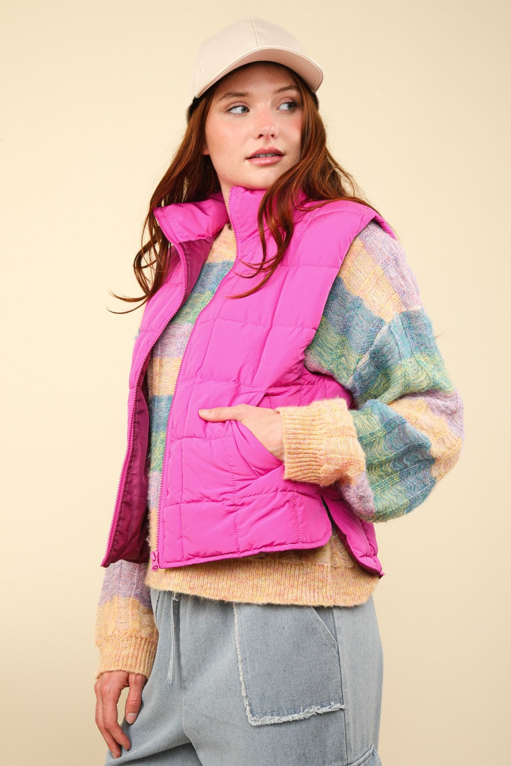 Women's Fuchsia Zip Up Puffer Vest | Warm, Lightweight & Stylish