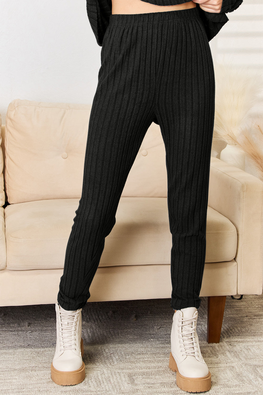 Women's Full Size Notched Long Sleeve Top Pants Set | Cozy