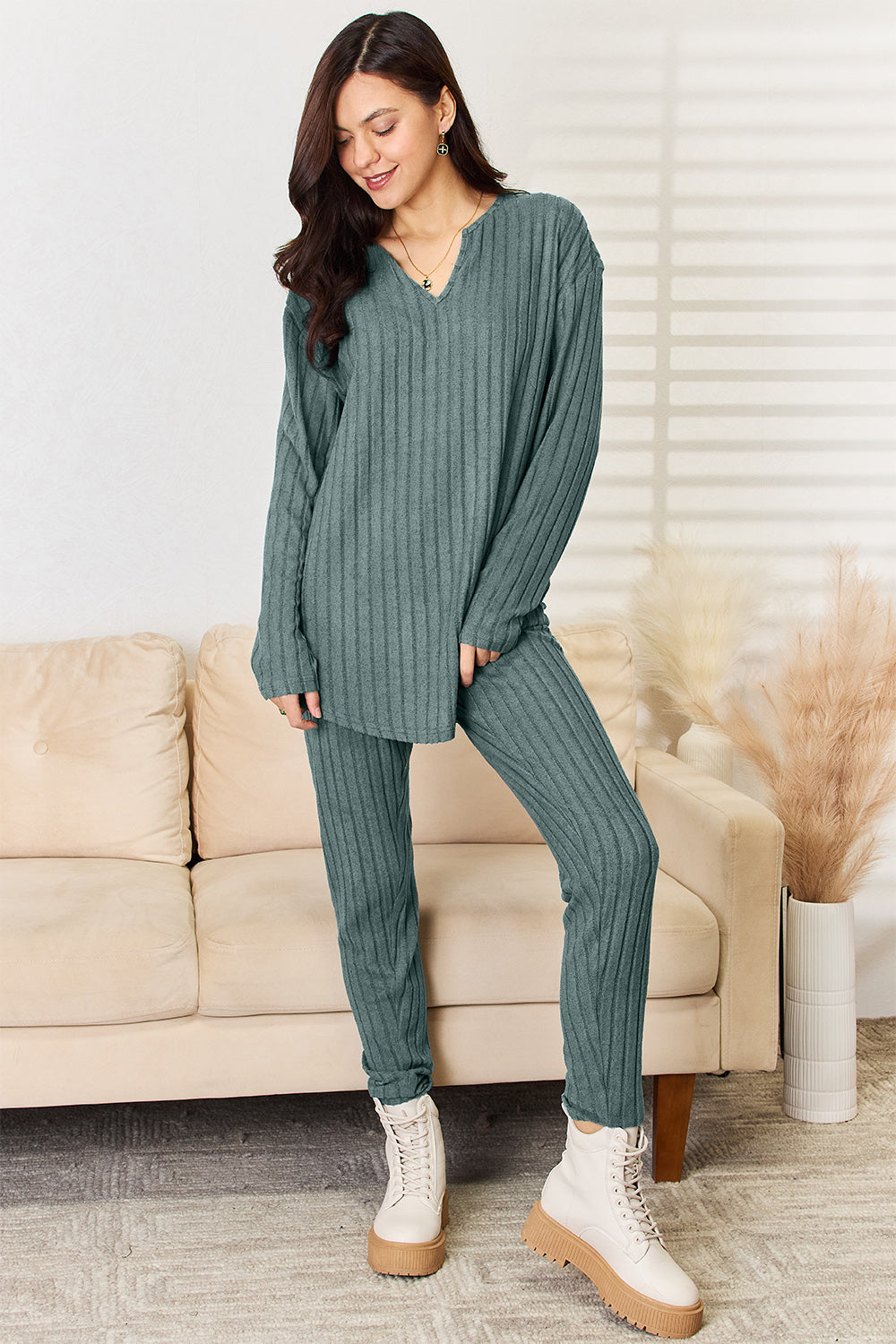 Women's Full Size Notched Long Sleeve Top Pants Set | Cozy