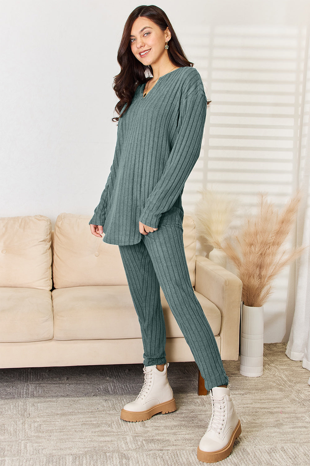 Women's Full Size Notched Long Sleeve Top Pants Set | Cozy