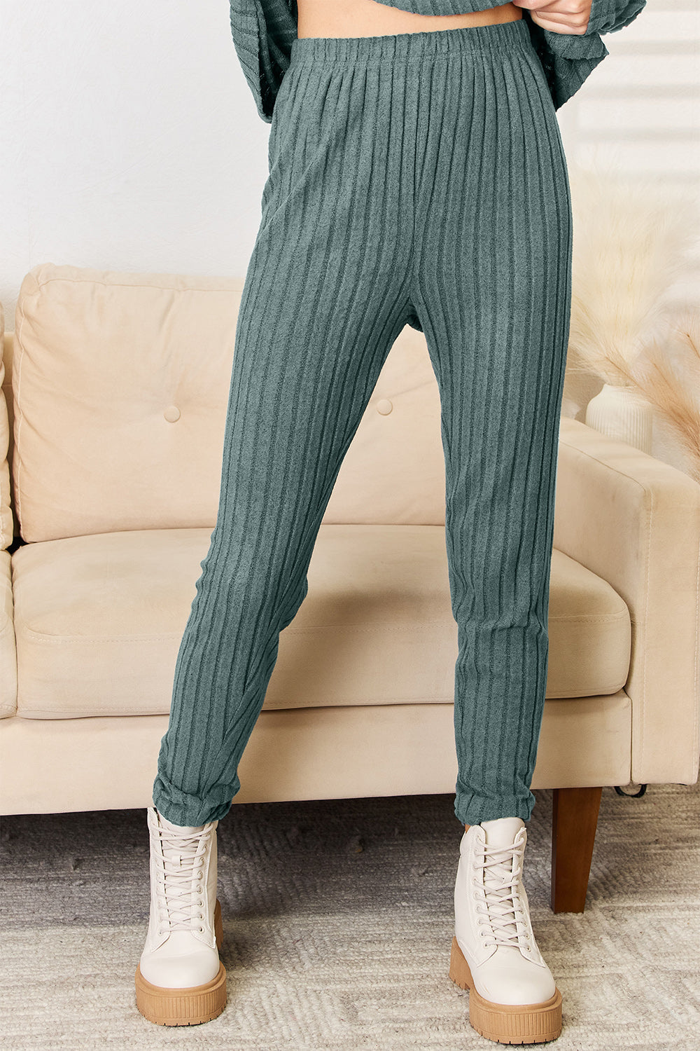 Women's Full Size Notched Long Sleeve Top Pants Set | Cozy