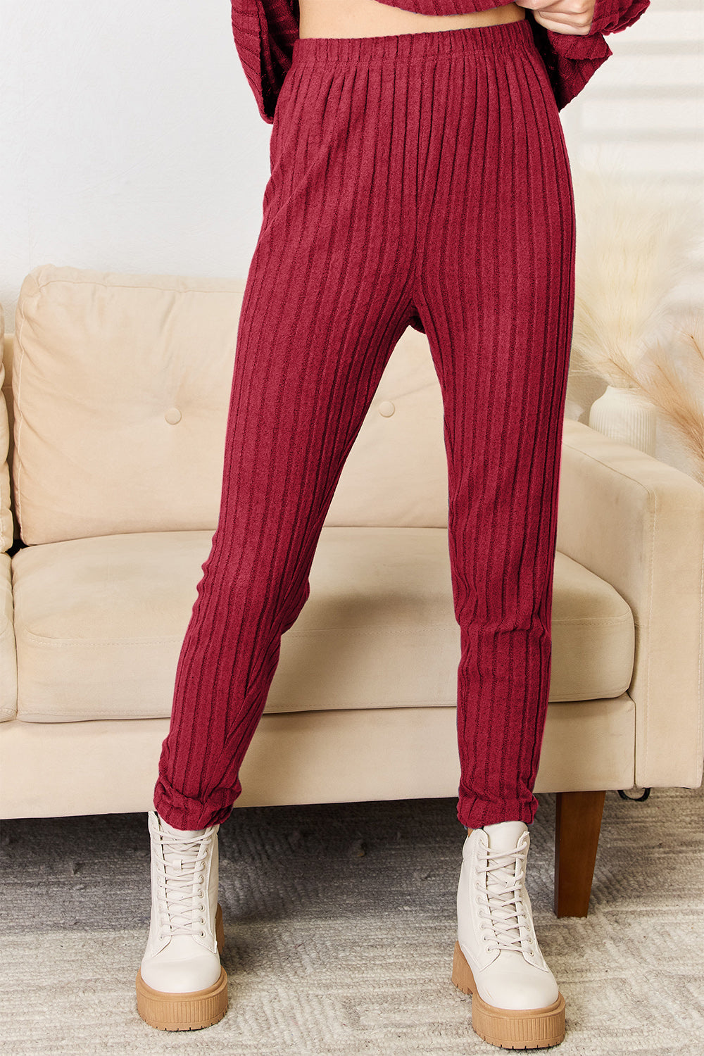 Women's Full Size Notched Long Sleeve Top Pants Set | Cozy