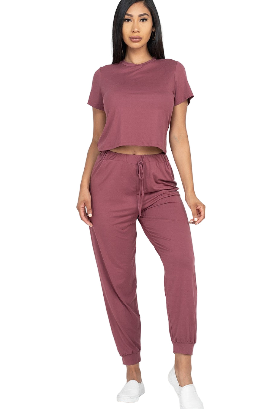 Women's solid basic loose short sleeve top and pants set in soft stretchy jersey fabric with elastic waist, ideal for casual wear.