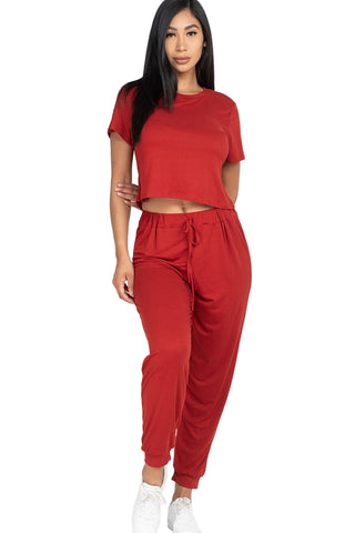 Red solid basic loose short sleeve top and pants set for women, soft stretchy jersey fabric, casual and workout wear.