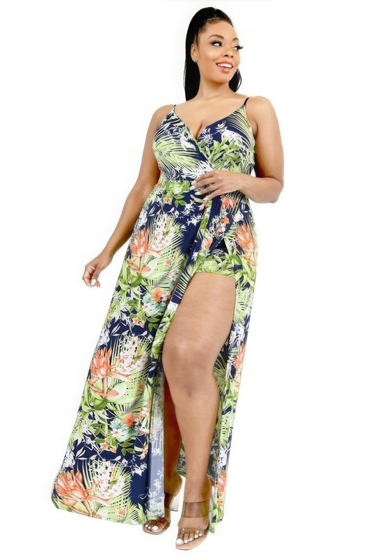 Women's plus size tropical leaf print maxi summer dress with wrap front and shorts, featuring sleeveless V-neckline and belted design.
