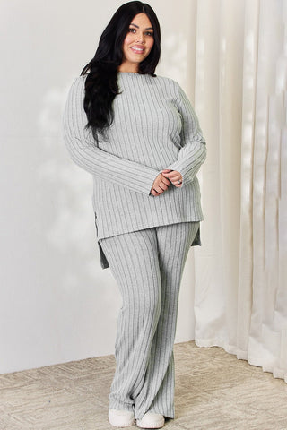 Ribbed high-low top and wide leg pants set in grey, plus size model, stylish and comfortable two-piece outfit for everyday wear.