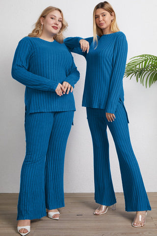 Stylish ribbed teal high-low top and wide leg pants set with two models showcasing the comfy, slightly stretchy two-piece outfit.