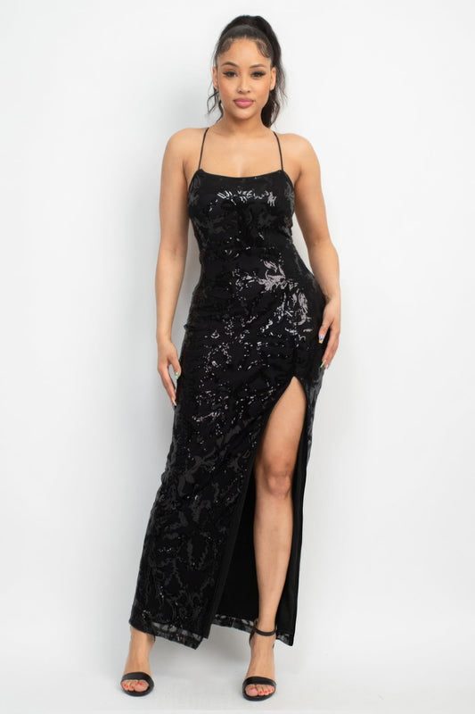 Women's Sequin Glitter Dress - Evening Wear with Back-Cross Tie