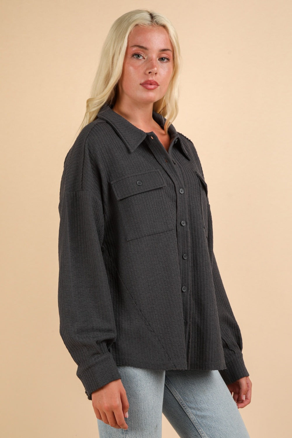 Women's Textured Knit Shacket | Button Down with Pockets| Charcoal