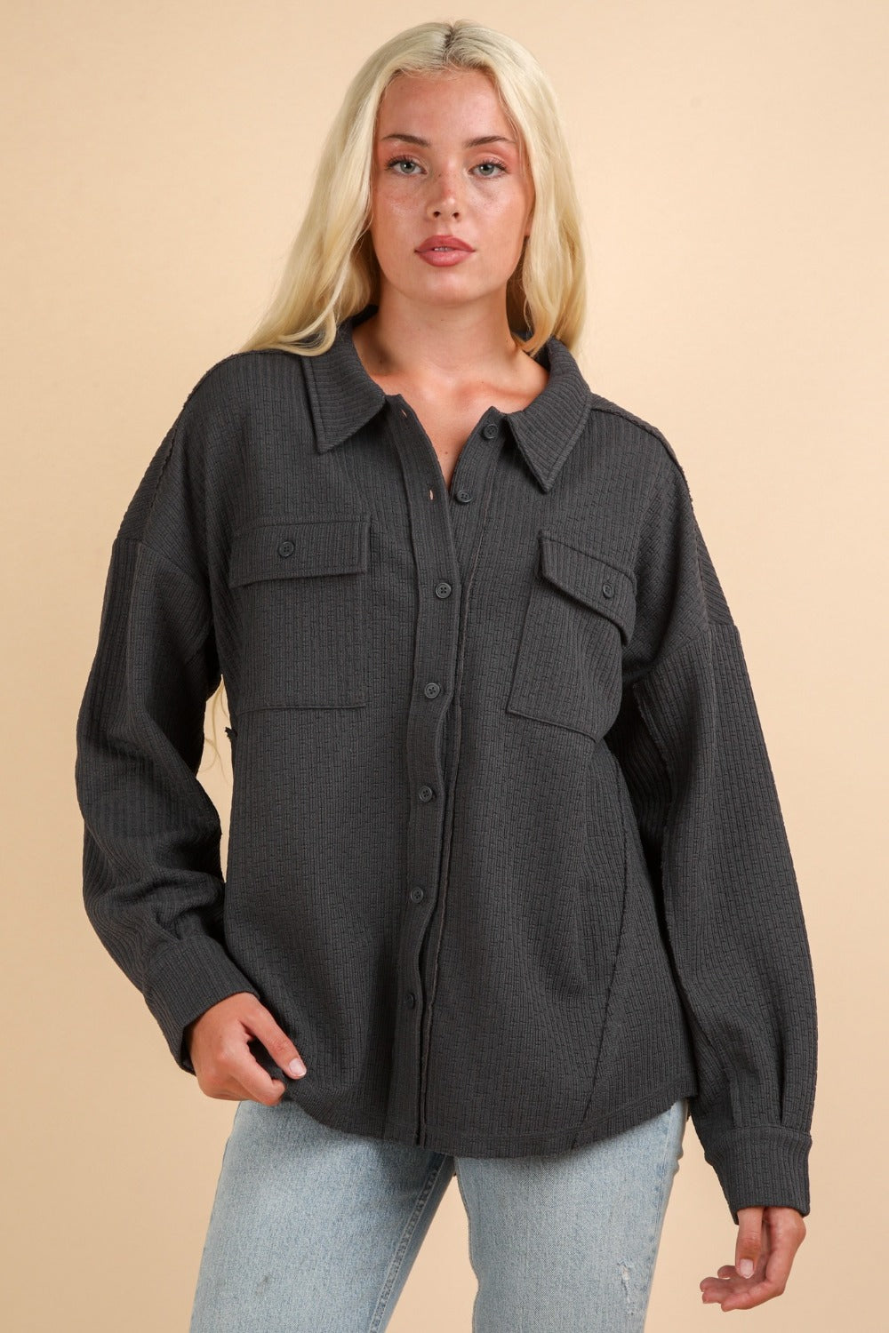 Women's Textured Knit Shacket | Button Down with Pockets| Charcoal