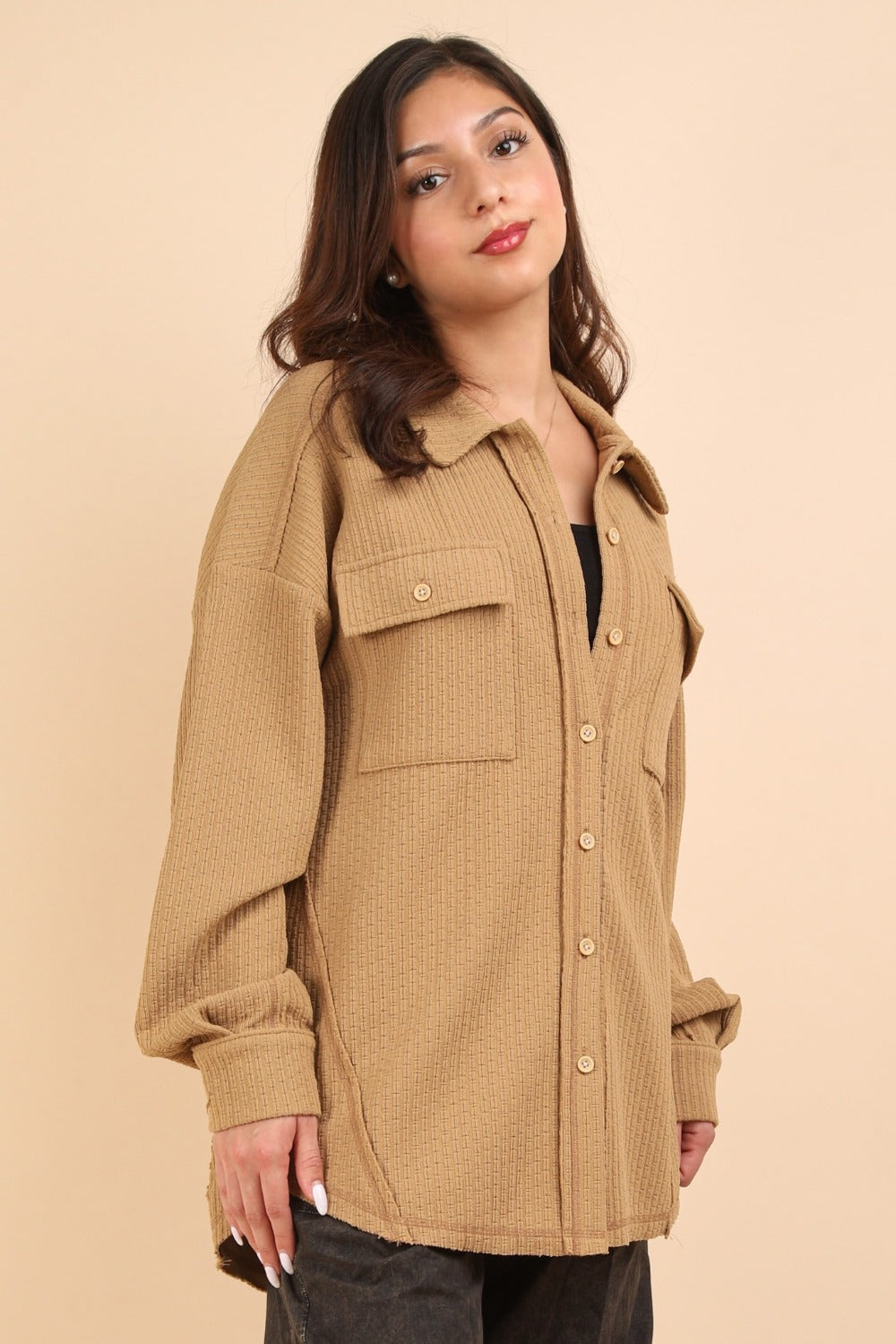 Women's Textured Knit Shacket | Button Down with Pockets | Mocha