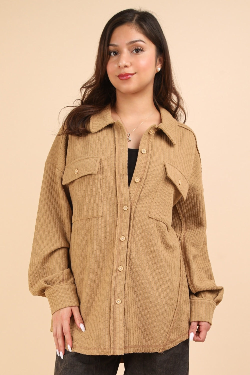 Women's Textured Knit Shacket | Button Down with Pockets | Mocha