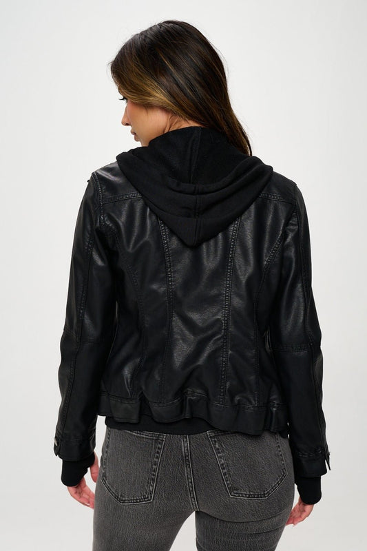 Woman wearing Coalition LA Double Zip Hooded Long Sleeve Jacket, showcasing the stylish back view in sleek black material.