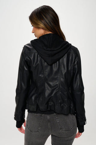 Woman wearing Coalition LA Double Zip Hooded Long Sleeve Jacket, showcasing the stylish back view in sleek black material.