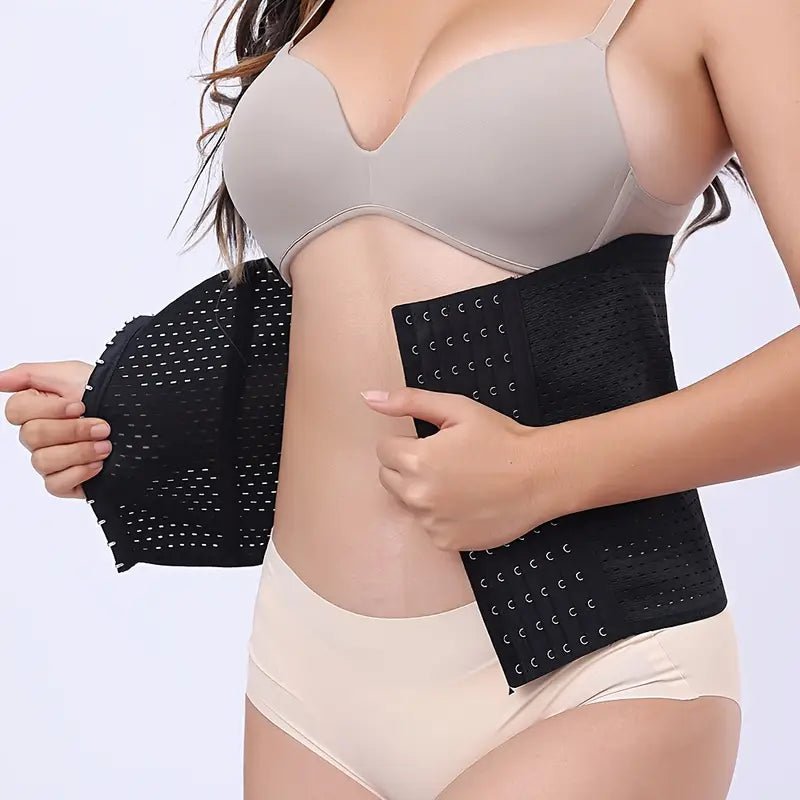 Woman wearing a waist trainer belt with 6 rows of hooks, offering adjustable fit and medium control for body slimming. Polyester, Spandex blend.