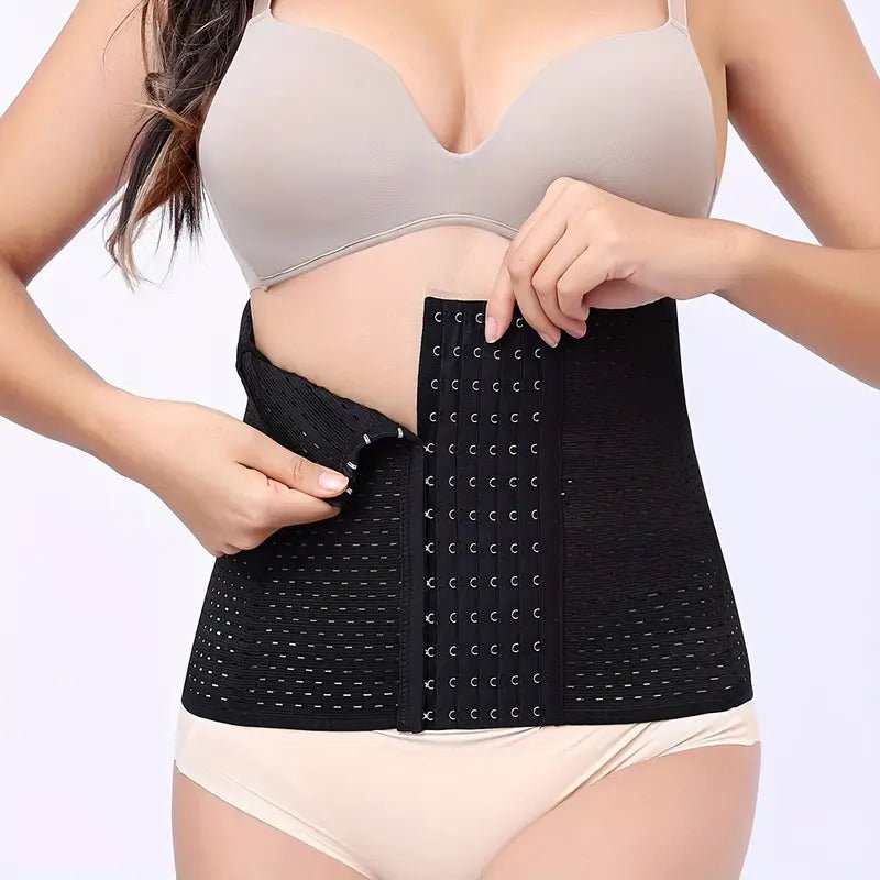Woman using 6-row hook waist trainer belt for slimming body shaping, featuring adjustable fit and breathable knit fabric.