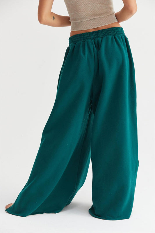 Dark Green Women's Wide-Leg Sweatpants with Side Zipper and Elastic Waist