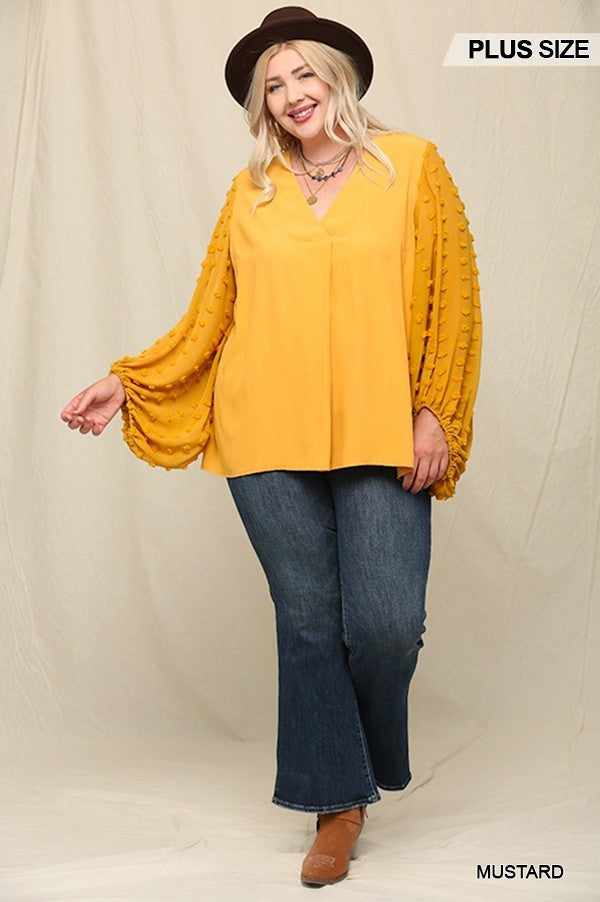 Woven And Textured Chiffon Top With Voluminous Sheer Sleeves-Mustard