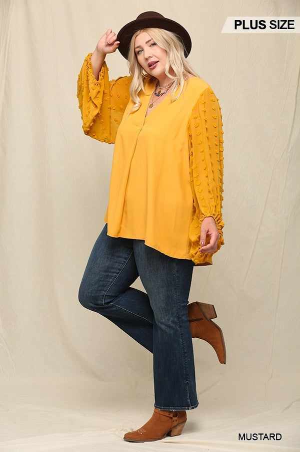 Woven And Textured Chiffon Top With Voluminous Sheer Sleeves-Mustard