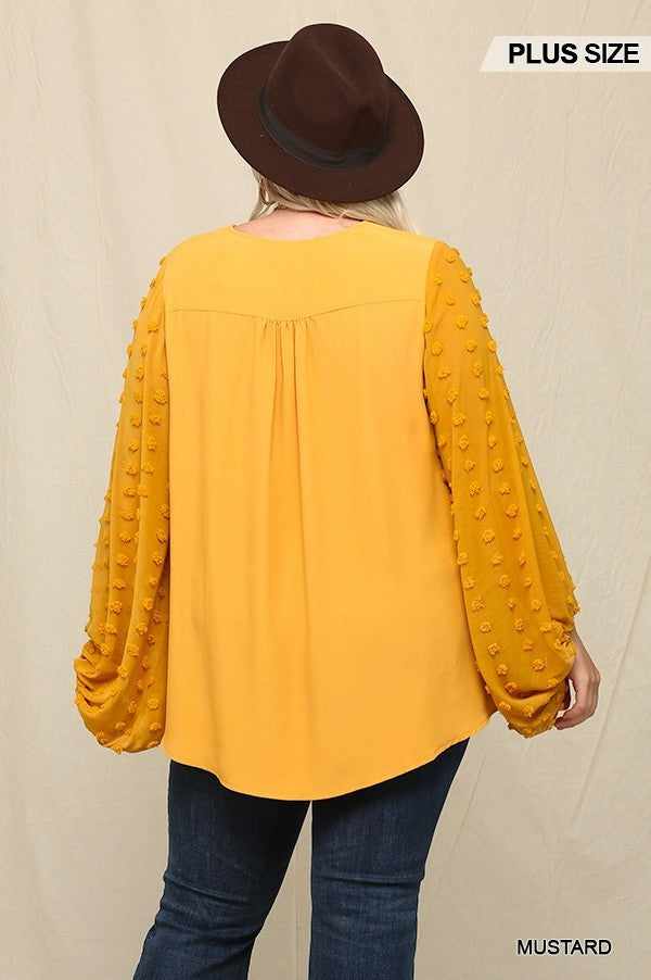 Woven And Textured Chiffon Top With Voluminous Sheer Sleeves-Mustard