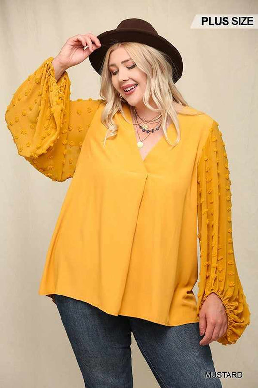 Woven And Textured Chiffon Top With Voluminous Sheer Sleeves-Mustard