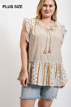 Woven Prints Mixed And Sleeveless Flutter Top With Tassel Tie-Taupe
