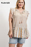 Woven Prints Mixed And Sleeveless Flutter Top With Tassel Tie-Taupe
