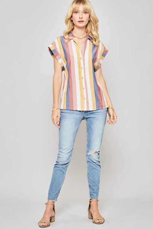 Woven Shirt In Multicolor Striped With Collared Neckline-Navy/Mauve