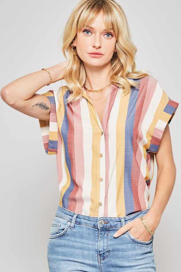 Woven Shirt In Multicolor Striped With Collared Neckline-Navy/Mauve