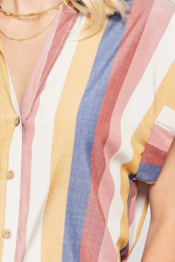 Woven Shirt In Multicolor Striped With Collared Neckline-Navy/Mauve