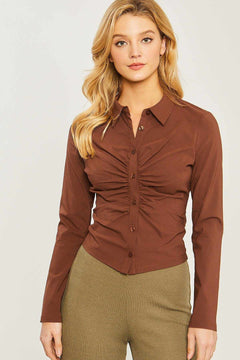 Woven Solid Ruched Front Long Sleeve-Brown