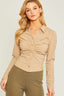 Woven Solid Ruched Front Long Sleeve-Khaki