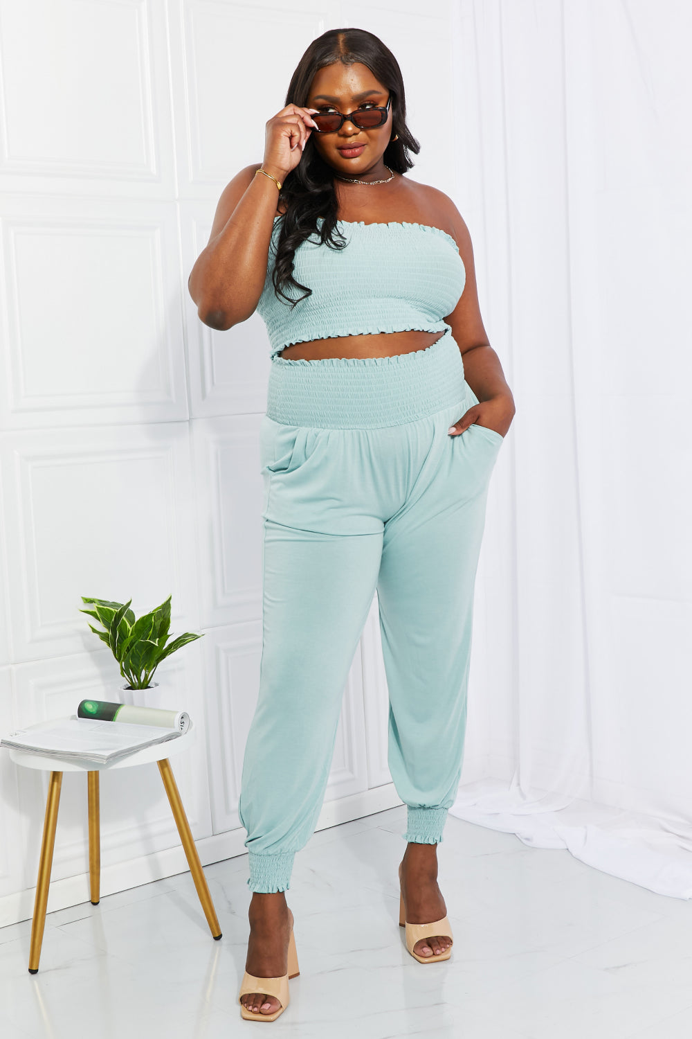 Zenana Light Green Smocked Tube Top & Joggers Set | Stylish Comfort