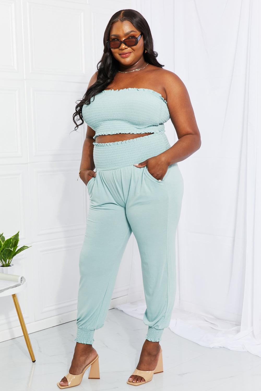 Zenana Light Green Smocked Tube Top & Joggers Set | Stylish Comfort