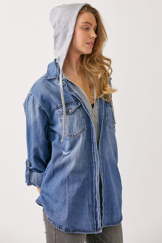 Stylish zip up hooded denim shirt featuring washed denim, pockets, and slightly stretchy 100% cotton material for comfort.