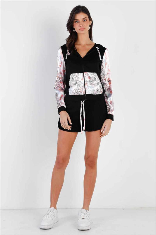 Zip-up Hooded Top & Short Set-Black