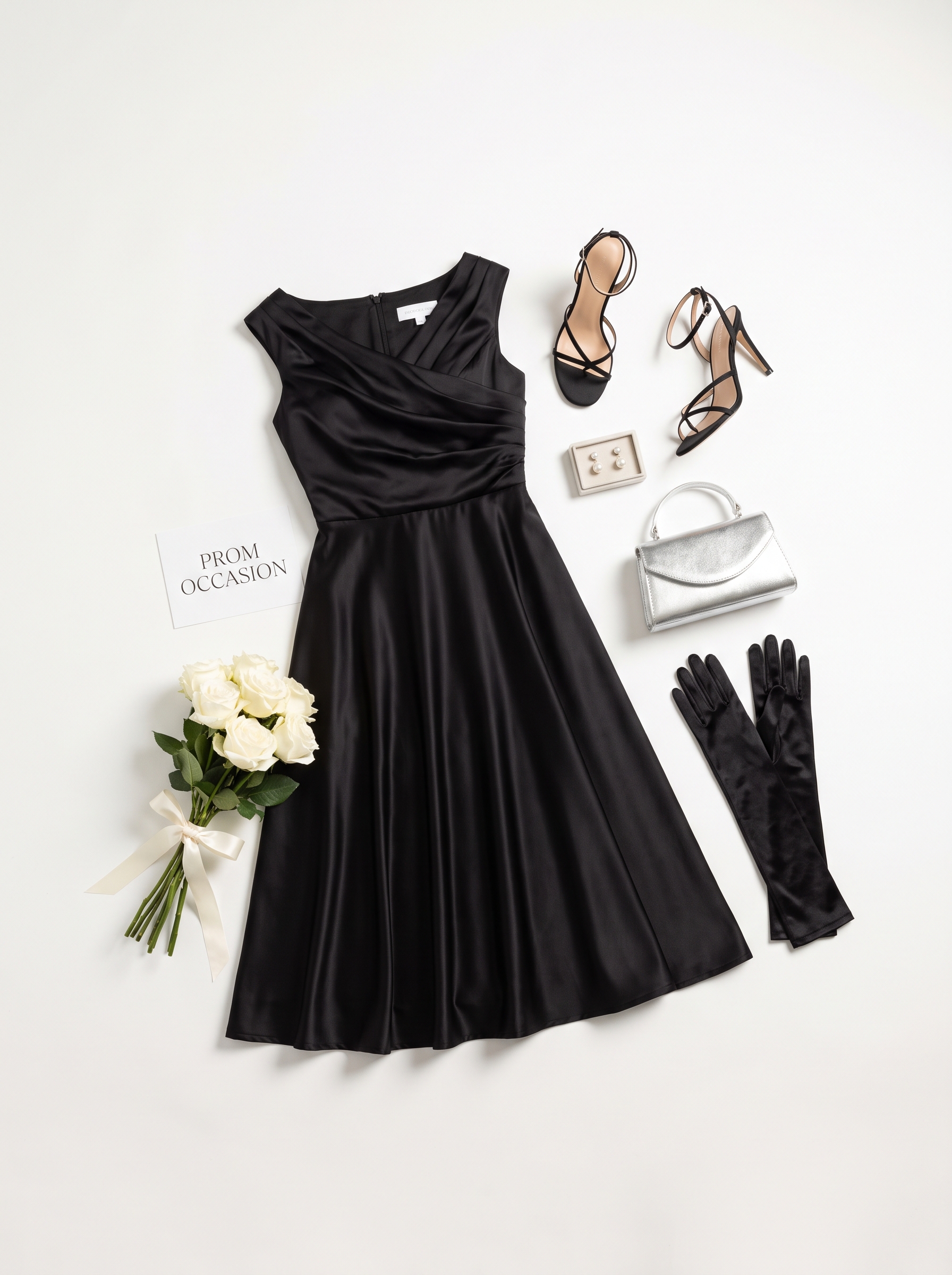 Prom edit — black satin midi dress with black heels and pearl earrings